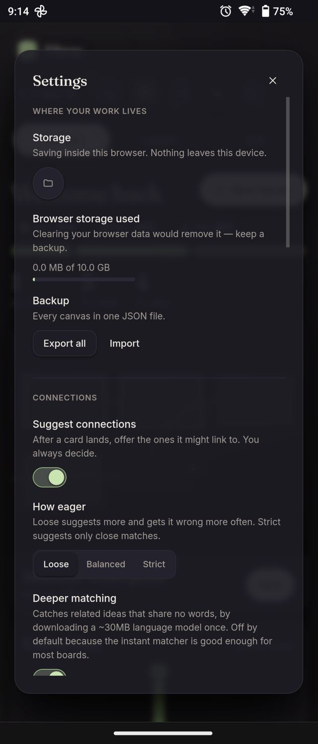 The settings screen for storage, backup and connection preferences