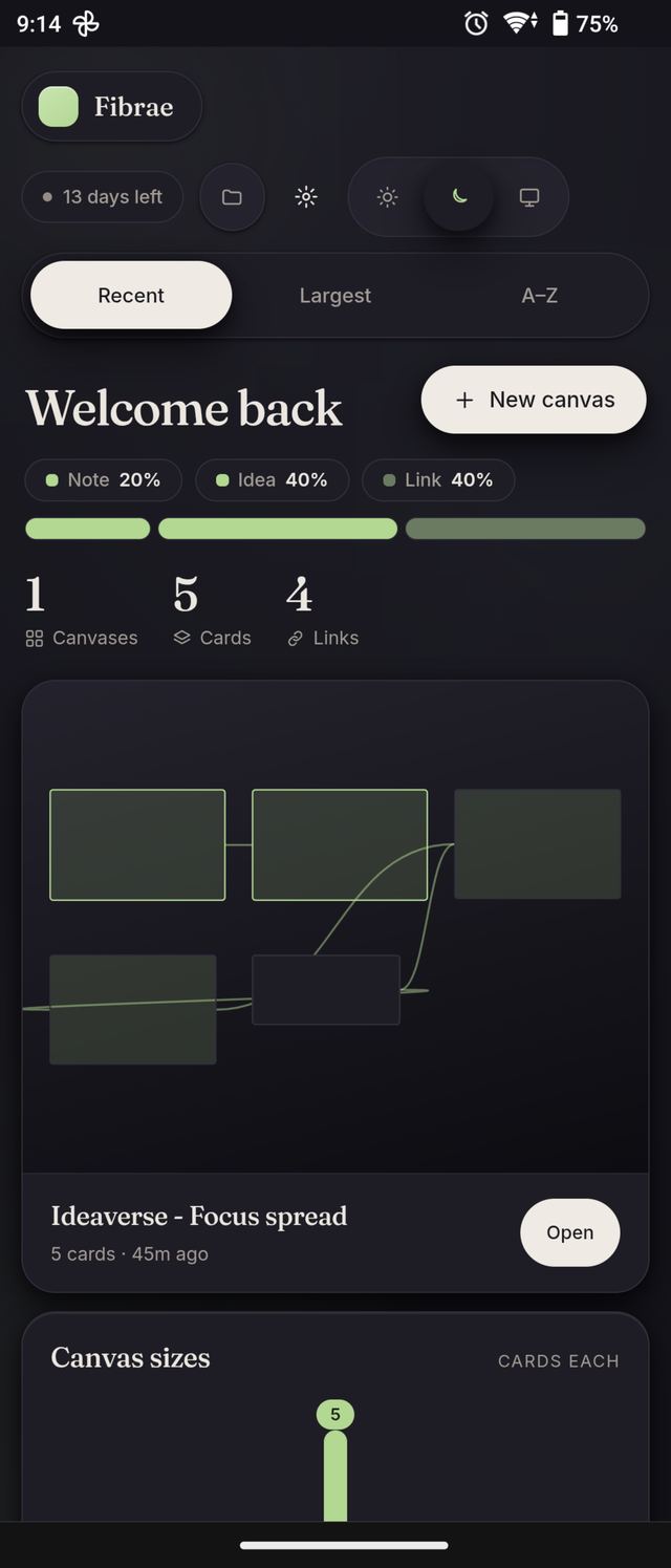 The same home screen again, in dark mode