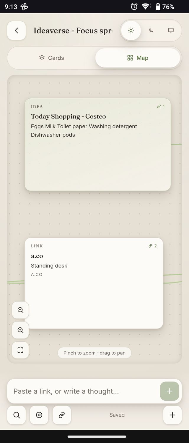 The same canvas as a pinch-to-zoom map of connected cards