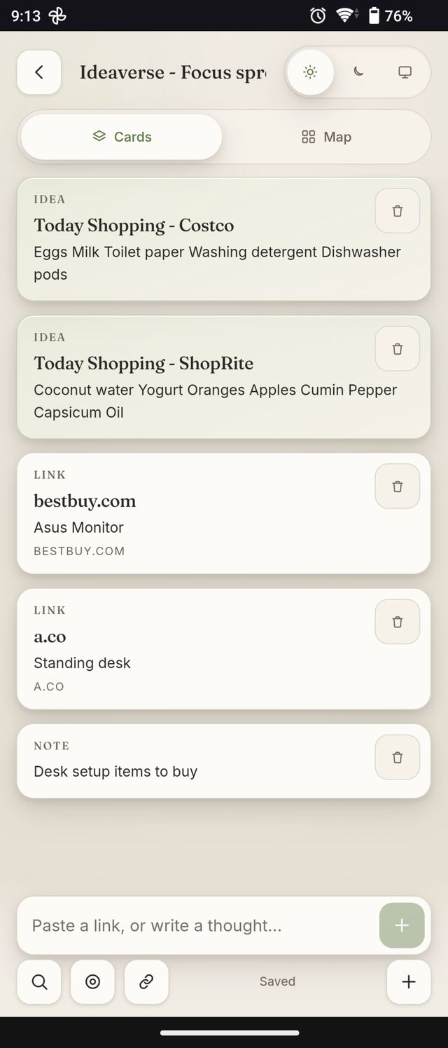 A canvas shown as a list of note, idea and link cards