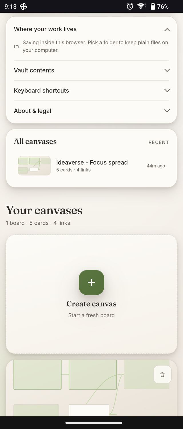 All canvases listed together with their card and link counts