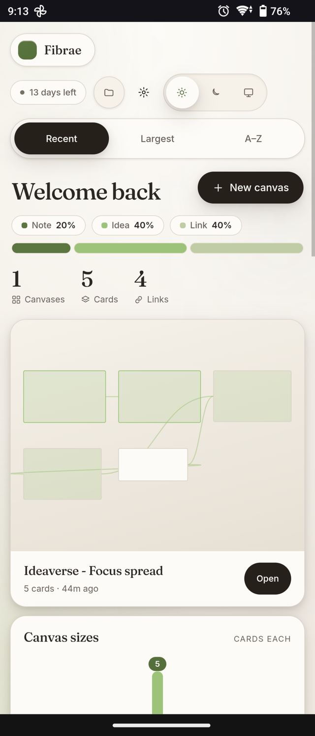 Home screen listing canvases, card counts and recent activity, in light mode